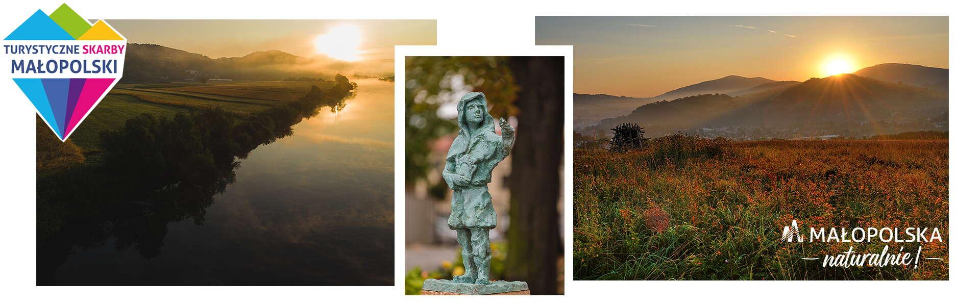 Kolaż trzech zdjęć: zdjęcie rzeźby olkuskiego gwarka, zdjęcie wschodu słońca nad rzeką, zdjęcie na którym słońce zachodzi za górę. W prawym dolnym rogu logo - napis Małopolska naturalnie, w lewym górnym rogu - logo Turystycznych Skarbów Małopolski