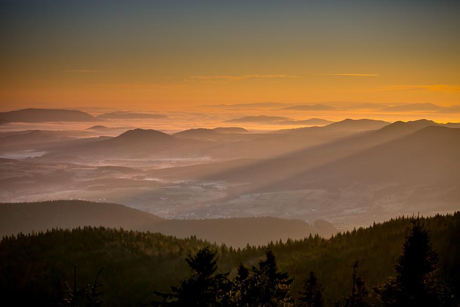 View of Beskid Wyspowy at sunset.
