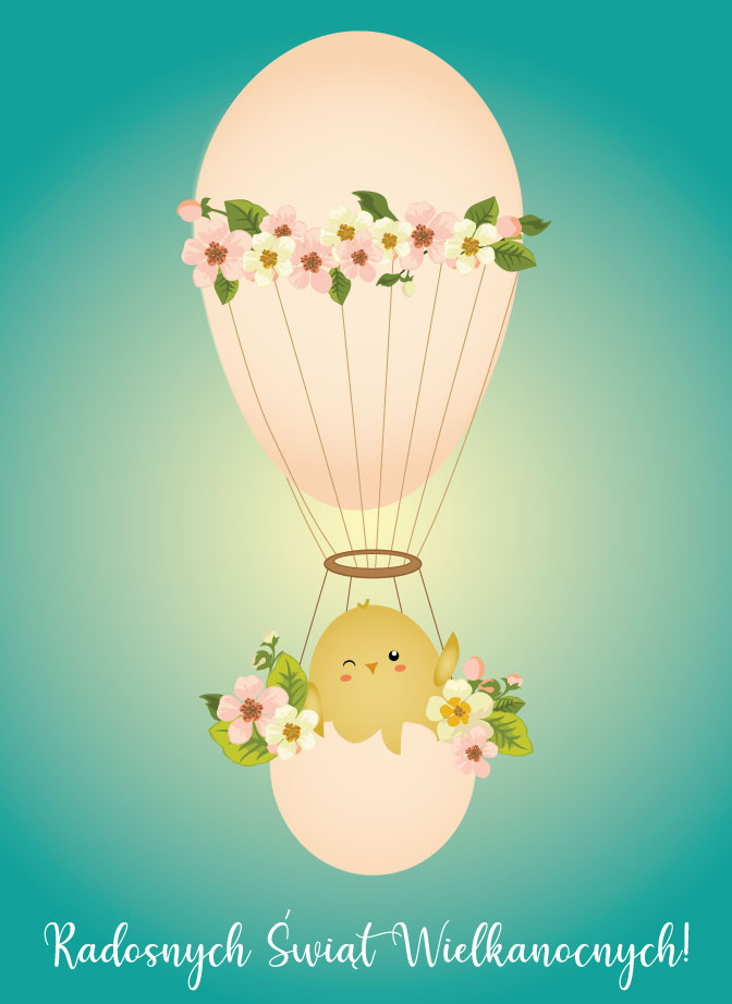 Kartka wielkanocna - balon w formie jajka udekorowany wiosennymi kwiatami, połówka skorupki jajka jako kosz balonu, w środku kurczak machający skrzydełkiem, napis: Radosnych Świąt Wielkanocych