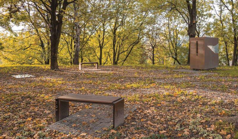 Widok na park pośrodku którego stoi ławeczka. Wokół kolorowe liście.