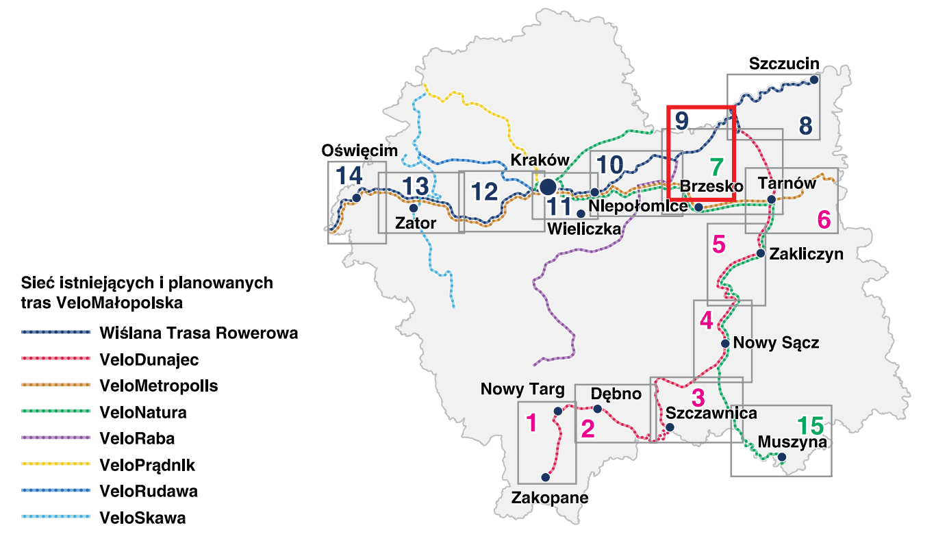 mapa Małopolski z trasami VeloMałopolska 